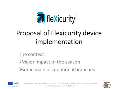 Proposal of Flexicurity device implementation The context:  Major impact of the season  Some main occupational branches programme Léonardo Da Vinci 2011-1-PL1-LEO04-19731.
