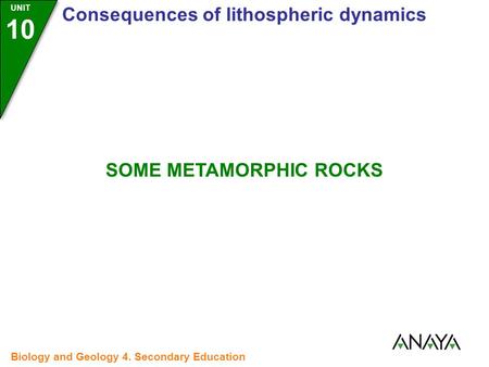 UNIT 10 Consequences of lithospheric dynamics Biology and Geology 4. Secondary Education SOME METAMORPHIC ROCKS.