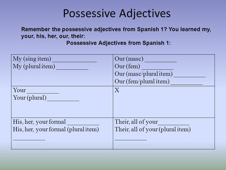 Possessive Adjectives Remember the possessive adjectives from Spanish 1? You learned my, your, his, her, our, their: Possessive Adjectives from Spanish.