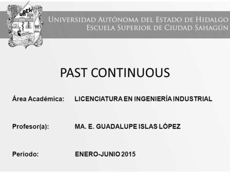 PAST CONTINUOUS Área Académica: LICENCIATURA EN INGENIERÍA INDUSTRIAL Profesor(a): MA. E. GUADALUPE ISLAS LÓPEZ Periodo: ENERO-JUNIO 2015.