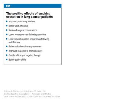 Andreas, S; Rittmeyer, A; Hinterthaner, M; Huber, R M Smoking Cessation in Lung Cancer—Achievable and Effective Dtsch Arztebl Int 2013; 110(43): 719-24;