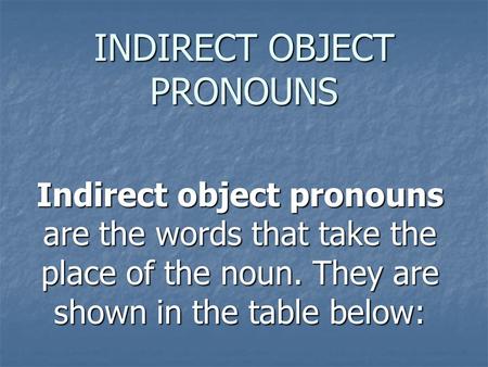 INDIRECT OBJECT PRONOUNS Indirect object pronouns are the words that take the place of the noun. They are shown in the table below: