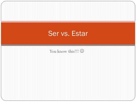 You know this!!! Ser vs. Estar. What are the forms? SER SoySomos Eres EsSon ESTAR EstoyEstamos Estás EstáEstán.