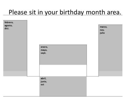 Please sit in your birthday month area. febrero, agosto, dici. marzo, nov, julio enero, mayo, sept. abril, junio, oct.