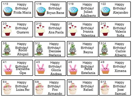 Happy Birthday! 1/16 Bryan Rene Happy Birthday! 1/18 Julian Adalberto Happy Birthday! 1/22 Alejandro Happy Birthday! 1/13 Frida Maria Happy Birthday! 2/10.