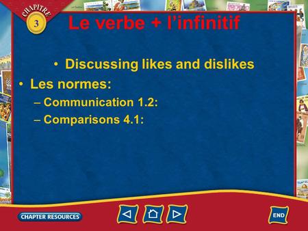3 Le verbe + l’infinitif Discussing likes and dislikes Les normes: –Communication 1.2: –Comparisons 4.1:
