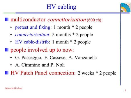 Giovanni Polese 1 HV cabling multiconductor connettorization (600 ch) : pretest and fixing: 1 month * 2 people connectorization: 2 months * 2 people HV.