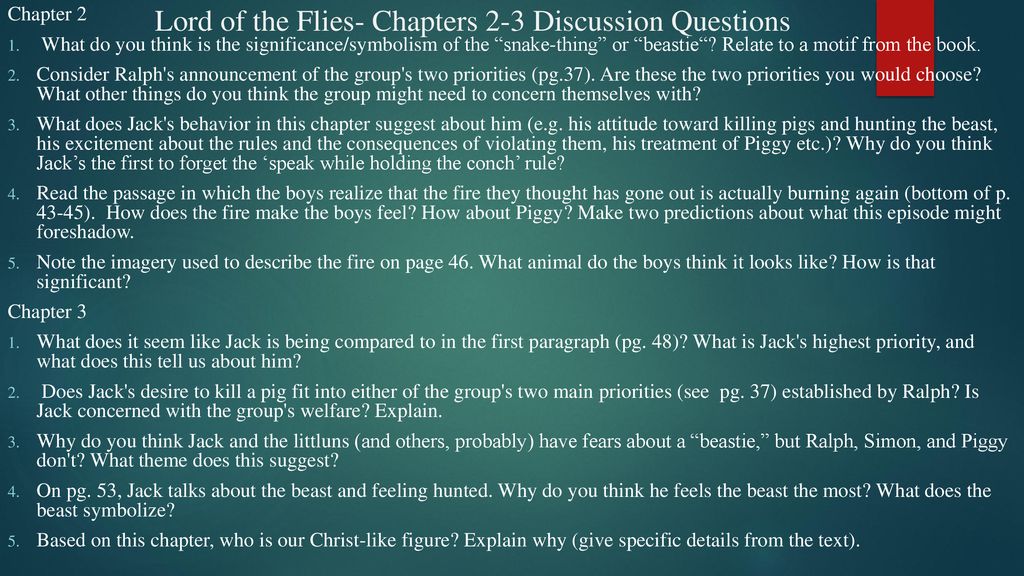 Lord of the Flies- Chapters 2-3 Discussion Questions - ppt download