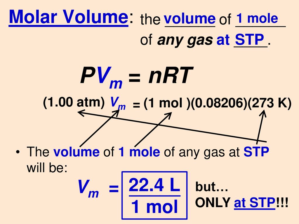 PVm = nRT Molar Volume: Vm = _____ 22.4 L 1 mol the ______ of ______ - ppt  download