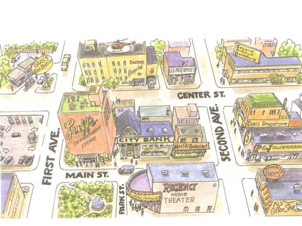 Город план средняя группа. Карта города для изучения английского. План города на английском. Карта города для детей для описания. Карта города на английском языке.