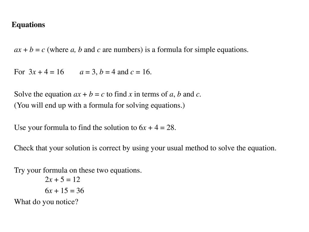 Solve The Equation Ax B C To Find X In Terms Of A B And C Ppt Download