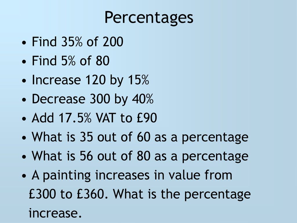 Percentages Find 20% of 20 Find 20% of 20 Increase 20 by 20