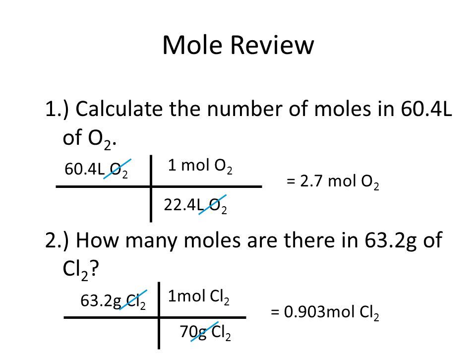 Mole Review 1.) Calculate the number of moles in 60.4L of O2. 2.) How many  moles are there in 63.2g of Cl2? 1 mol O2 60.4L O2 = 2.7 mol O2 22.4L