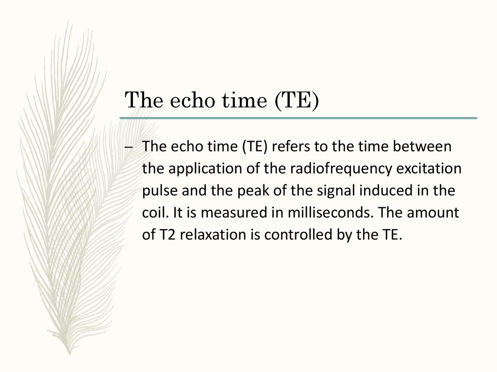 The echo time (TE) The echo time (TE) refers to the time between the  application of the radiofrequency excitation pulse and the peak of the  signal induced. - ppt download