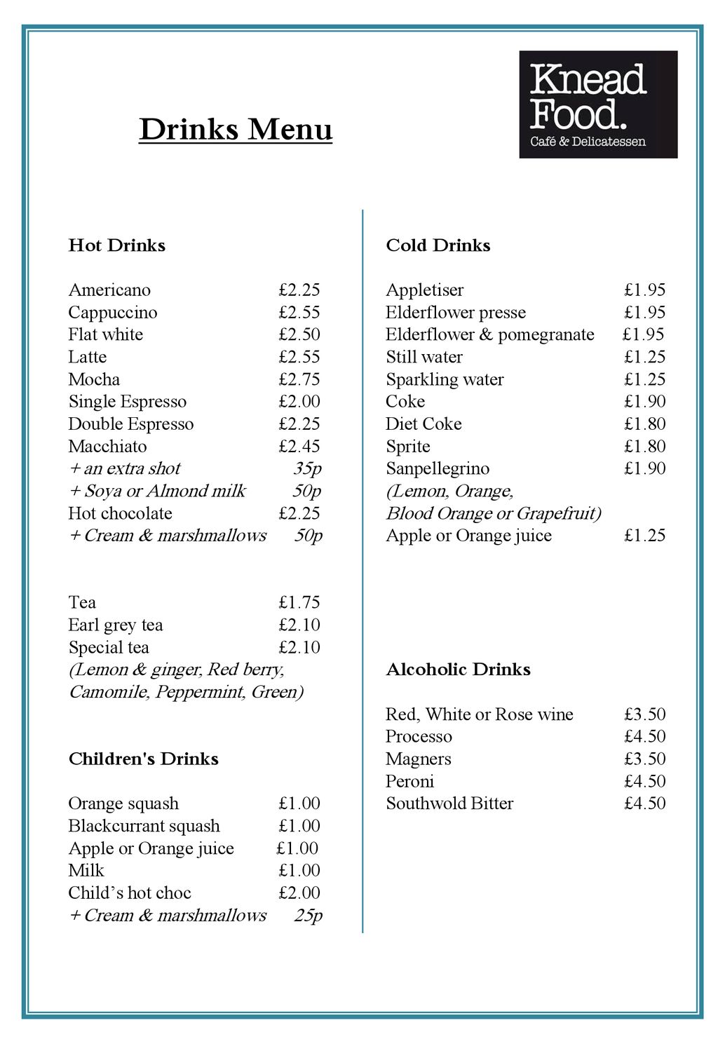 Hot and Cold Drinks Menu