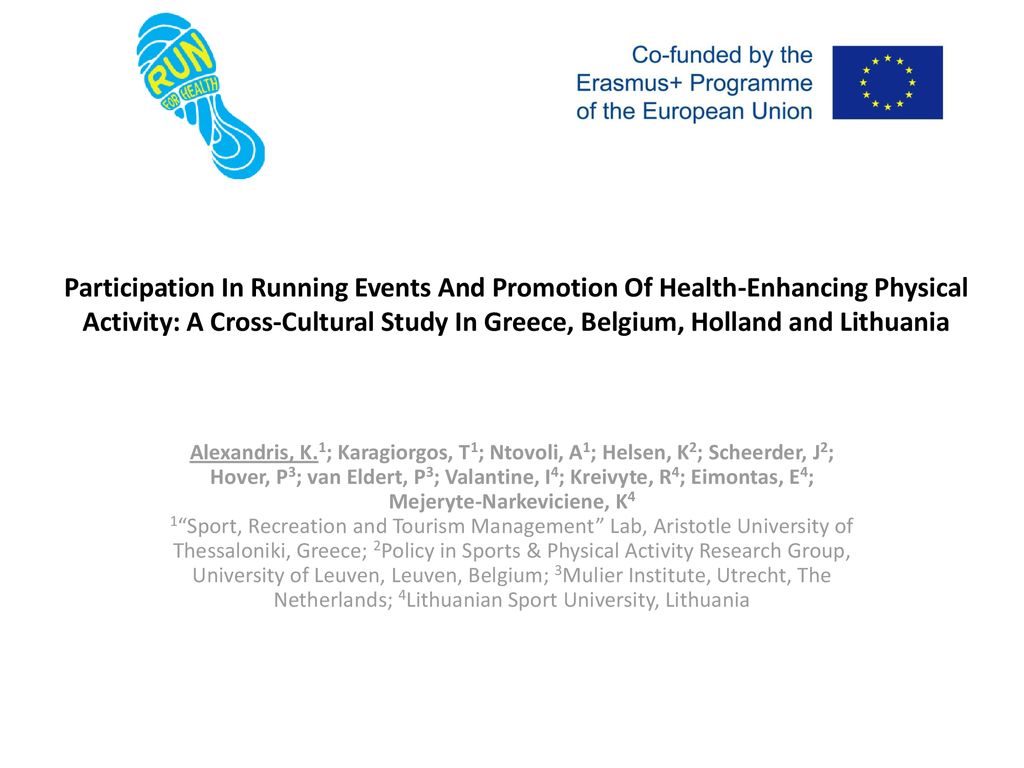 Participation In Running Events And Promotion Of Health-Enhancing Physical  Activity: A Cross-Cultural Study In Greece, Belgium, Holland and Lithuania  Alexandris, - ppt download