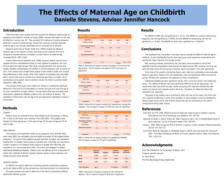 The Effects of Maternal Age on Childbirth Danielle Stevens, Advisor Jennifer Hancock Introduction There have been many studies that have analyzed the effects.