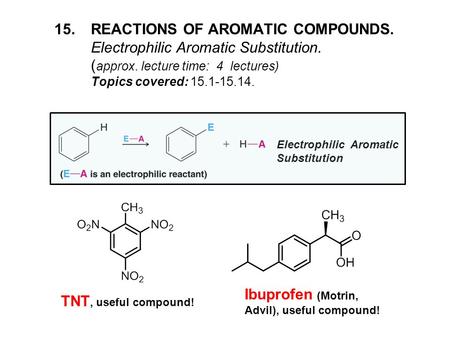 15.REACTIONS OF AROMATIC COMPOUNDS. Electrophilic Aromatic Substitution. ( approx. lecture time: 4 lectures) Topics covered: 15.1-15.14. TNT, useful compound!