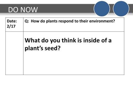 DO NOW Date: 2/17 Q: How do plants respond to their environment? What do you think is inside of a plant’s seed?