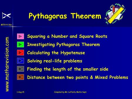 MTH 4-16a 1-Aug-15Compiled by Mr. Lafferty Maths Dept. Pythagoras Theorem www.mathsrevision.com Squaring a Number and Square Roots Investigating Pythagoras.