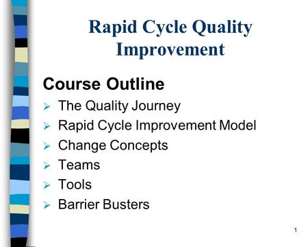 1 Rapid Cycle Quality Improvement Course Outline  The Quality Journey  Rapid Cycle Improvement Model  Change Concepts  Teams  Tools  Barrier Busters.