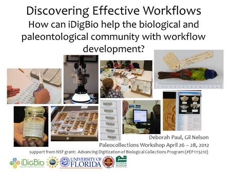 Discovering Effective Workflows How can iDigBio help the biological and paleontological community with workflow development? support from NSF grant: Advancing.