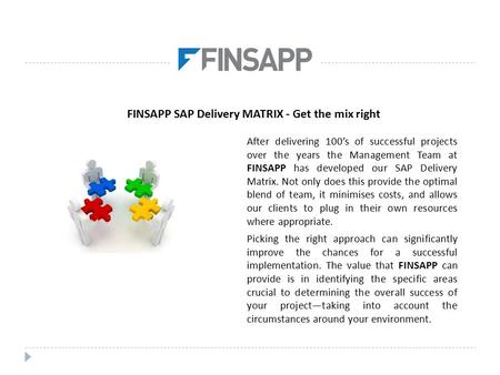 FINSAPP SAP Delivery MATRIX - Get the mix right After delivering 100’s of successful projects over the years the Management Team at FINSAPP has developed.
