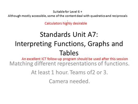 Standards Unit A7: Interpreting Functions, Graphs and Tables Matching different representations of functions. At least 1 hour. Teams of2 or 3. Camera needed.