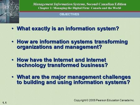 1.1 Copyright © 2005 Pearson Education Canada Inc. Management Information Systems, Second Canadian Edition Chapter 1: Managing the Digital Firm: Canada.
