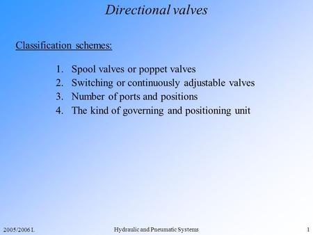 2005/2006 I. Hydraulic and Pneumatic Systems1 Directional valves Classification schemes: 1.Spool valves or poppet valves 2.Switching or continuously adjustable.