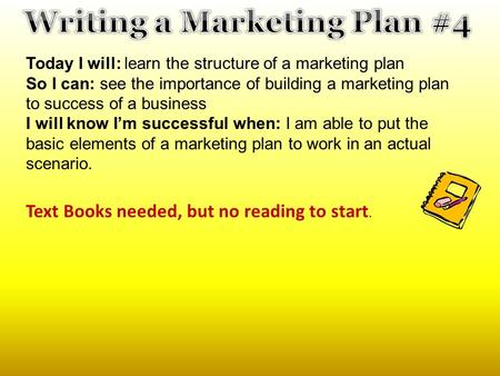 Today I will: learn the structure of a marketing plan So I can: see the importance of building a marketing plan to success of a business I will know I’m.