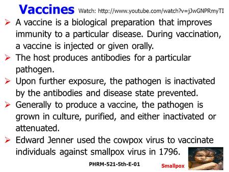 1 Vaccines  A vaccine is a biological preparation that improves immunity to a particular disease. During vaccination, a vaccine is injected or given orally.