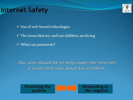 Promoting the positive Responding to the negative Internet Safety Use of web-based technologies The issues that we, and our children, are facing What can.