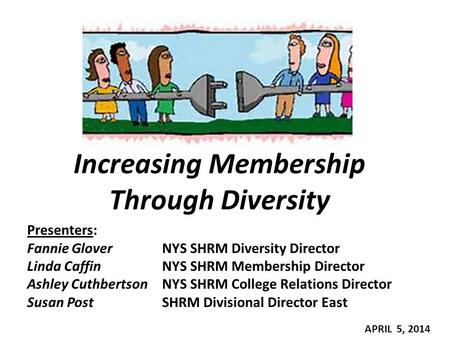 Increasing Membership Through Diversity Presenters: Fannie Glover NYS SHRM Diversity Director Linda Caffin NYS SHRM Membership Director Ashley Cuthbertson.