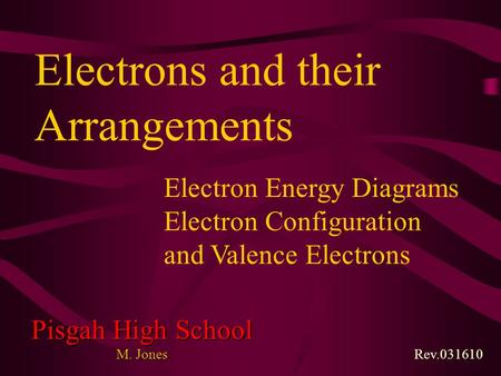Rev.031610 Pisgah High School M. Jones Electron Energy Diagrams Electron Configuration and Valence Electrons Electrons and their Arrangements.