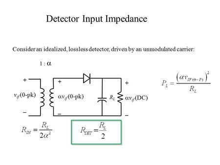 Detector Input Impedance RLRL 1 :  + v if (0-pk) _ +  v if (0-pk) _ +  v if (DC) _ Consider an idealized, lossless detector, driven by an unmodulated.