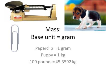 Mass: Base unit = gram Paperclip = 1 gram Puppy = 1 kg 100 pounds= 45.3592 kg.
