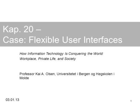 03.01.13 1 Kap. 20 – Case: Flexible User Interfaces How Information Technology Is Conquering the World: Workplace, Private Life, and Society Professor.