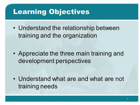 1 Learning Objectives Understand the relationship between training and the organization Appreciate the three main training and development perspectives.