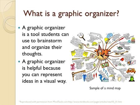What is a graphic organizer? A graphic organizer is a tool students can use to brainstorm and organize their thoughts. A graphic organizer is helpful because.