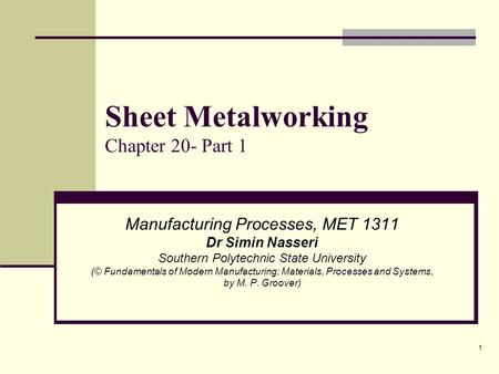 Sheet Metalworking Chapter 20- Part 1