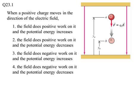 Q23.1 When a positive charge moves in the direction of the electric field, 1. the field does positive work on it and the potential energy increases 2.