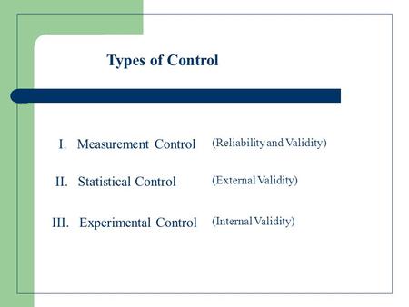 Types of Control I. Measurement Control III. Experimental Control II. Statistical Control (Reliability and Validity) (Internal Validity) (External Validity)