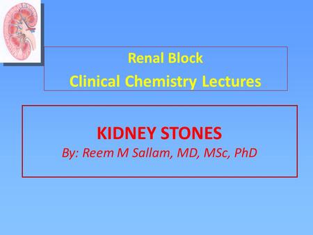 KIDNEY STONES By: Reem M Sallam, MD, MSc, PhD