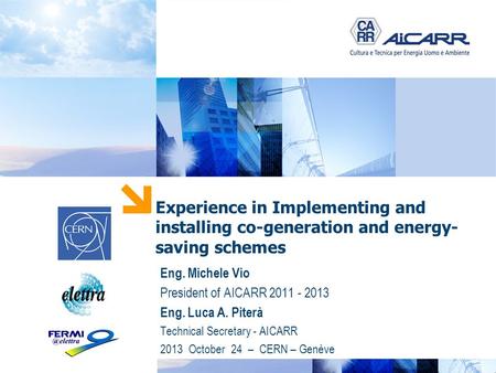 PUNTO ENERGIA Experience in Implementing and installing co-generation and energy- saving schemes Eng. Michele Vio President of AICARR 2011 - 2013 Eng.