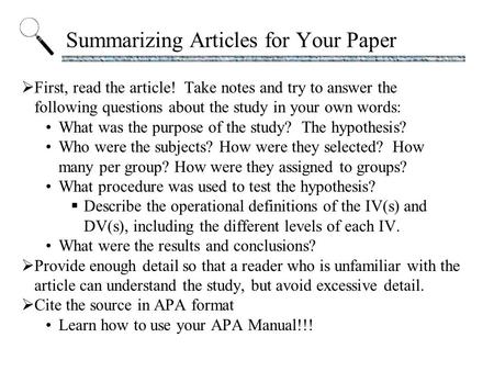 Summarizing Articles for Your Paper