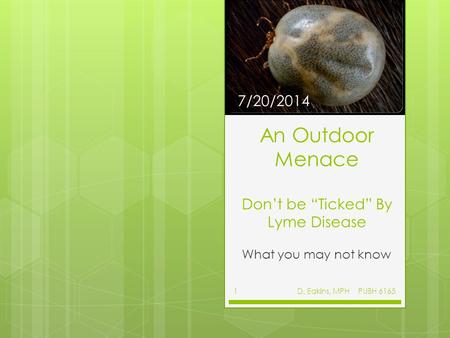 An Outdoor Menace Don’t be “Ticked” By Lyme Disease What you may not know D. Eakins, MPH PUBH 61651 7/20/2014.