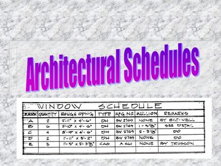 Schedules n Definition: A schedule is an organized arrangement of notes or information usually lettered within a ruled enclosure, conveniently placed,