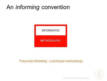 An informing convention Polyscopic Modeling – a prototype methodology METHODOLOGY INFORMATION University of Oslo Information Design.