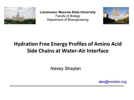 Hydration Free Energy Profiles of Amino Acid Side Chains at Water-Air Interface Lomonosov Moscow State University Faculty of Biology Department of Bioengineering.